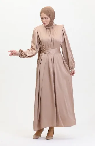 Pleated Satin Evening Dress 6372-09 Milky Coffee 6372-09