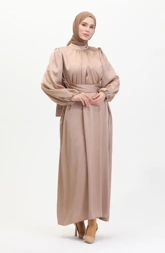 Pleated Satin Evening Dress 6372-09 Milky Coffee 6372-09
