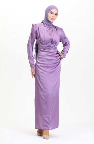 Pile Detaylı Saten Abiye Elbise 6374-03 Lila