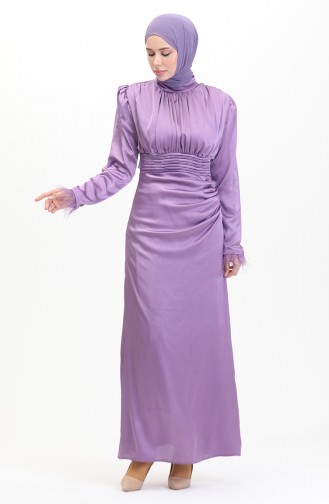 Pile Detaylı Saten Abiye Elbise 6374-03 Lila