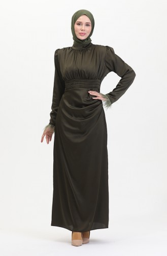 Pleated Detailed Satin Evening Dress 6374-05 Khaki 6374-05