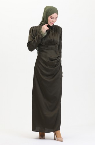 Pleated Detailed Satin Evening Dress 6374-05 Khaki 6374-05