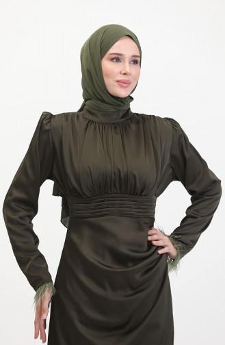 Pleated Detailed Satin Evening Dress 6374-05 Khaki 6374-05