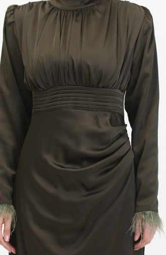 Pleated Detailed Satin Evening Dress 6374-05 Khaki 6374-05