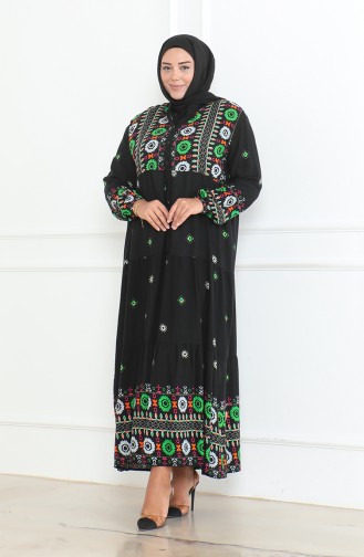 Robe Viscose Boutonnée à Motifs Grande Taille 5070-01 Noir 5070-01