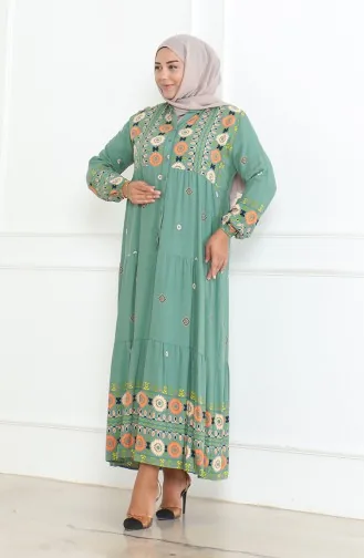 Großes Gemustertes Viskosekleid Mit Knöpfen 5070-02 Grün 5070-02