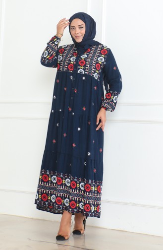 Großes Gemustertes Viskosekleid Mit Knöpfen 5070-03 Marineblau 5070-03