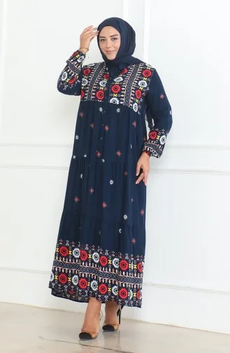 Grote Maat Viscosejurk Met Knopen En Patroon 5070-03 Marineblauw 5070-03