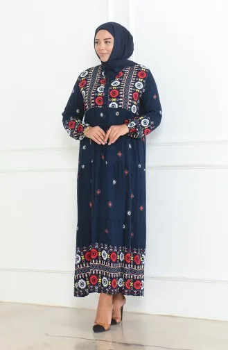 Grote Maat Viscosejurk Met Knopen En Patroon 5070-03 Marineblauw 5070-03