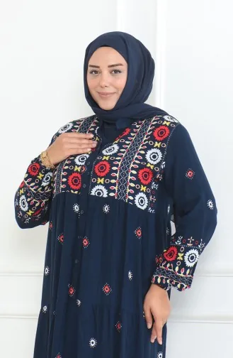 Grote Maat Viscosejurk Met Knopen En Patroon 5070-03 Marineblauw 5070-03