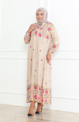 Großes Gemustertes Viskosekleid Mit Knöpfen 5070-04 Beige 5070-04