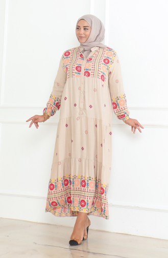Großes Gemustertes Viskosekleid Mit Knöpfen 5070-04 Beige 5070-04