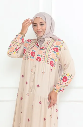 Großes Gemustertes Viskosekleid Mit Knöpfen 5070-04 Beige 5070-04