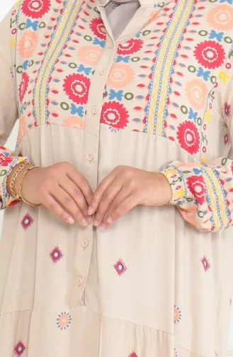 Großes Gemustertes Viskosekleid Mit Knöpfen 5070-04 Beige 5070-04