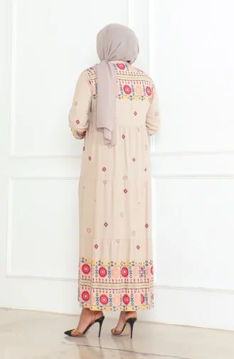 Großes Gemustertes Viskosekleid Mit Knöpfen 5070-04 Beige 5070-04