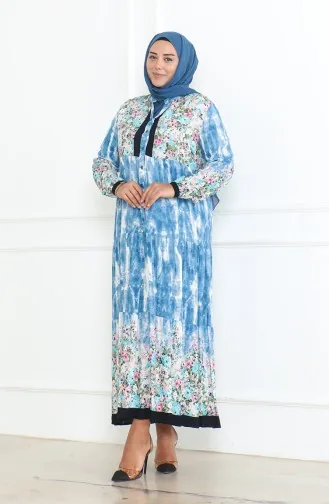 فستان فيسكوز منقوش مقاس كبير 5071-01 انديجو 5071-01