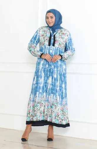 فستان فيسكوز منقوش مقاس كبير 5071-01 انديجو 5071-01