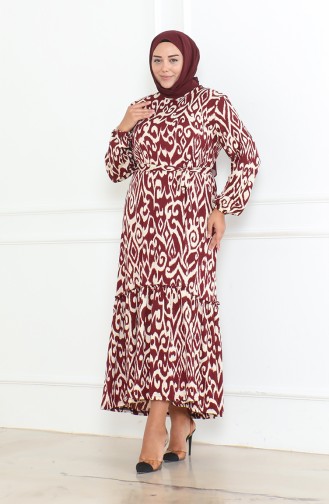 فستان منقوش طويل مقاس كبير 4571F-02 أحمر غامق 4571F-02