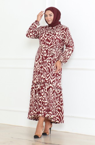فستان منقوش طويل مقاس كبير 4571F-02 أحمر غامق 4571F-02