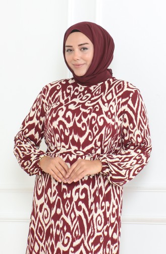 فستان منقوش طويل مقاس كبير 4571F-02 أحمر غامق 4571F-02