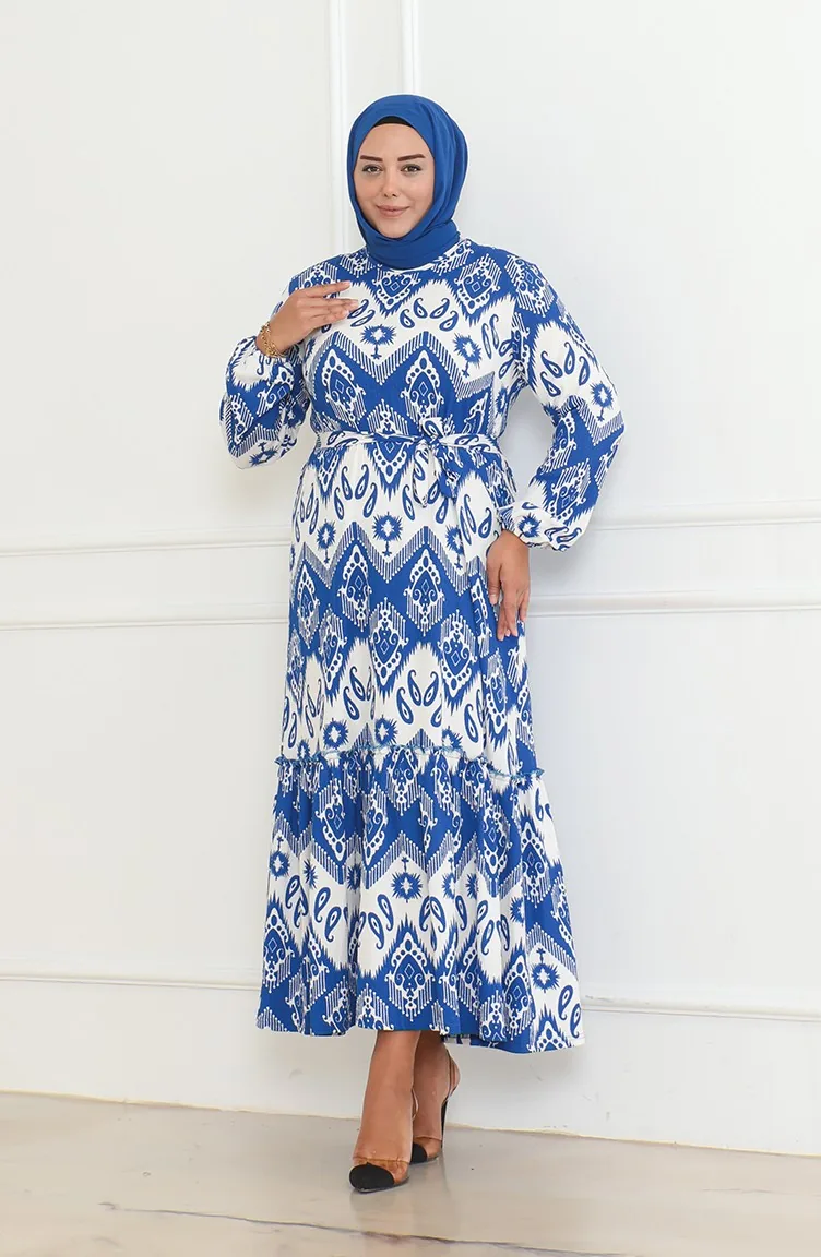 Jurk Met Episch Patroon En Overslag 46-56 Maat 4571H-05 Blauw 4571H-05