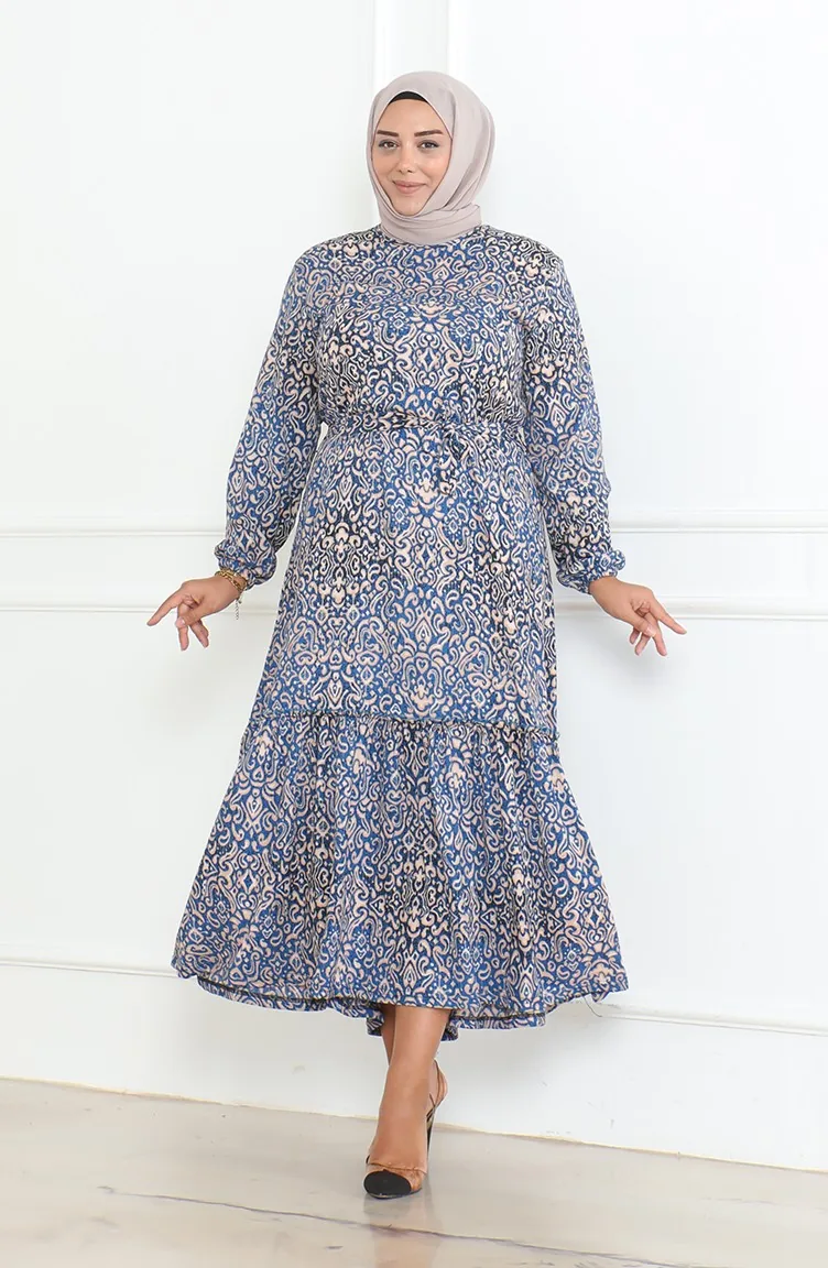 Robe à Volants Enveloppée à Motifs épiques 46-56 Taille 4571İ-01 Bleu 4571İ-01