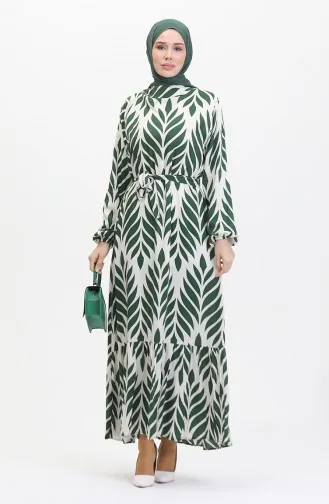 Robe Viscose A Motifs Feuilles Et Ceinturée 0452-04 Vert Creme 0452-04