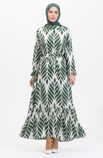 Leaf Pattern Belted Viscose Dress 0452-04 Green Cream 0452-04