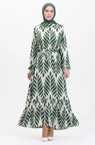 Robe Viscose A Motifs Feuilles Et Ceinturée 0452-04 Vert Creme 0452-04