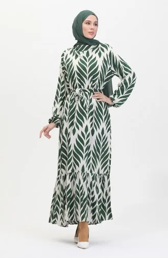 Robe Viscose A Motifs Feuilles Et Ceinturée 0452-04 Vert Creme 0452-04