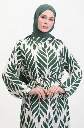 Leaf Pattern Belted Viscose Dress 0452-04 Green Cream 0452-04