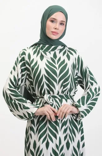 Robe Viscose A Motifs Feuilles Et Ceinturée 0452-04 Vert Creme 0452-04