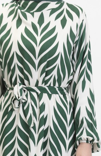 Leaf Pattern Belted Viscose Dress 0452-04 Green Cream 0452-04