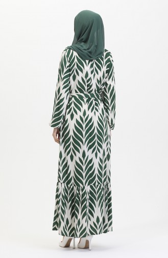 Leaf Pattern Belted Viscose Dress 0452-04 Green Cream 0452-04