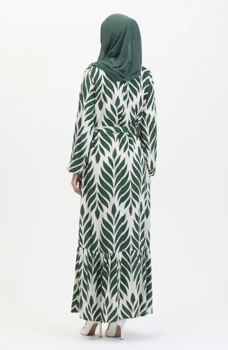 Robe Viscose A Motifs Feuilles Et Ceinturée 0452-04 Vert Creme 0452-04