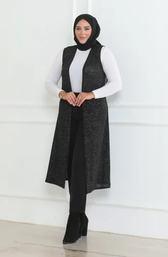 Simli Dökümlü Mevsimlik Uzun Siyah Yelek 8737-01 Siyah