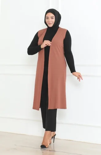 Büyük Beden Dökümlü Uzun Mevsimlik Yelek 8739-01 Kahverengi