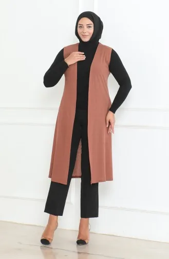 Büyük Beden Dökümlü Uzun Mevsimlik Yelek 8739-01 Kahverengi