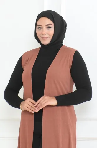 Büyük Beden Dökümlü Uzun Mevsimlik Yelek 8739-01 Kahverengi