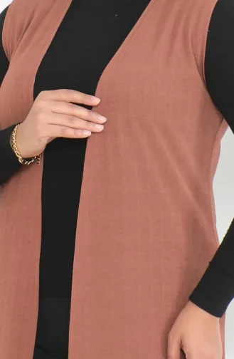 Büyük Beden Dökümlü Uzun Mevsimlik Yelek 8739-01 Kahverengi