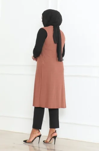 Büyük Beden Dökümlü Uzun Mevsimlik Yelek 8739-01 Kahverengi