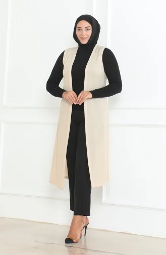 Büyük Beden Dökümlü Uzun Mevsimlik Yelek 8739-02 Bej 8739-02