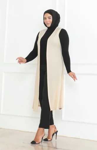 Büyük Beden Dökümlü Uzun Mevsimlik Yelek 8739-02 Bej 8739-02