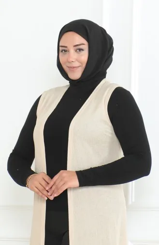 Büyük Beden Dökümlü Uzun Mevsimlik Yelek 8739-02 Bej 8739-02