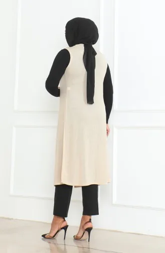 Büyük Beden Dökümlü Uzun Mevsimlik Yelek 8739-02 Bej 8739-02