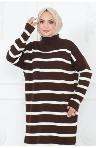 Half Turtleneck Striped Knit Dress 253-01 Brown 253-01
