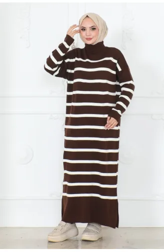 Half Turtleneck Striped Knit Dress 253-01 Brown 253-01