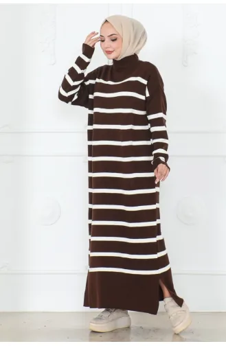 Half Turtleneck Striped Knit Dress 253-01 Brown 253-01