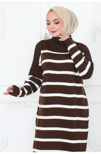 Half Turtleneck Striped Knit Dress 253-01 Brown 253-01