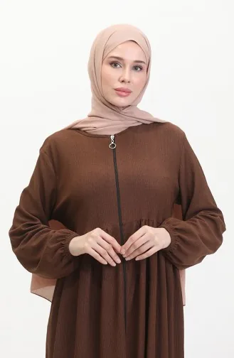 Bürümcük Kumaş Büzgülü Fermuarlı Ferace 1018-08 Kahverengi